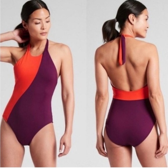 NWT Athleta Purple Orange Asymmetrical Colorblock Halter Swimsuit One-piece Sz S - Picture 1 of 8